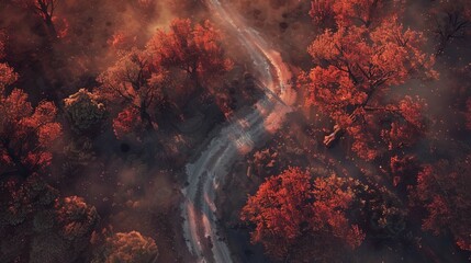 Fototapeta na wymiar a top down battle map of a road through a forest, the sky is red, the forest is on fire, its smoky, in the style of dungeons and dragons