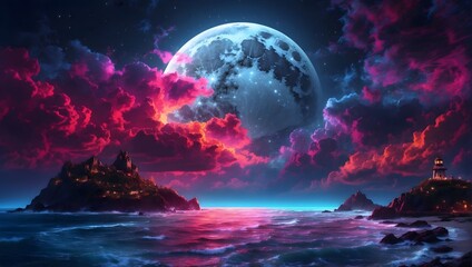 a large moon with a bloody background shining over the sea - obrazy, fototapety, plakaty