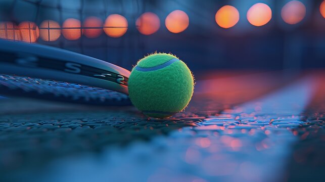 a shot that highlights the texture and vivid color of a tennis ball that is resting on the court line next to a racket. The image conveys energy and precision, suitable for sports equipment 