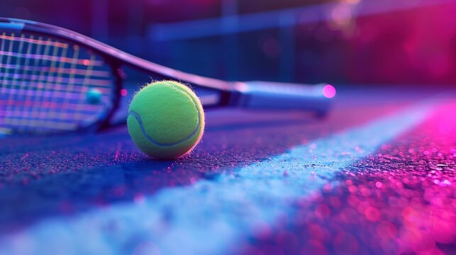 a shot that highlights the texture and vivid color of a tennis ball that is resting on the court line next to a racket. The image conveys energy and precision, suitable for sports equipment 