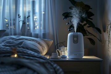 Serene Bedroom Humidifier Night Scene - A tranquil bedroom with a humidifier releasing steam into the air, providing a peaceful atmosphere for relaxation and sleep. The image portrays a serene nightti