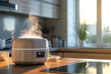 Sleek Rice Cooker on Modern Countertop - A sleek rice cooker stands on a modern kitchen countertop, offering a blend of style and function with its steamy contents ready to serve.
