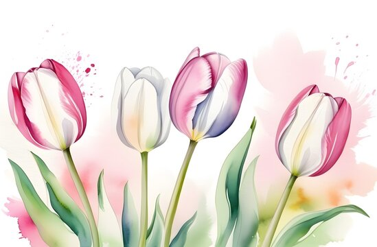 A banner with tulips in watercolor. Happy Mother's Day concept, motivational poster with a field of tulips on a bright watercolor background. An art design template for greeting cards, invitations. 