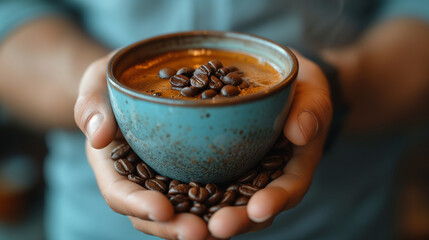 Two hands holding a big coffee mug with espresso and beans all around. Caffeine addiction.
