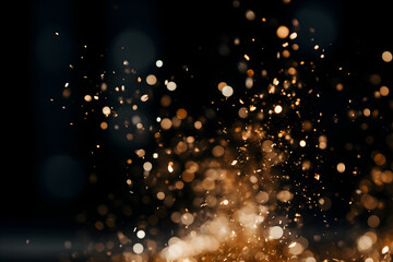 Obraz premium Abstract bokeh lights and golden glitter splash on a dark background. Holiday celebration and festive concept. Image for wallpaper, poster, banner, greeting card.