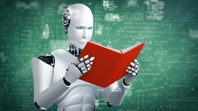 XAI 3d illustration of robot hominoid reading book and solving math data analytics in concept of future mathematics artificial intelligence, data mining and 4th fourth industrial automation revolution