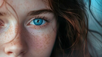 blue eye pupil of a beautiful young woman looks directly into the camera, extreme close-up macro photo, extremely detailed, vivid
