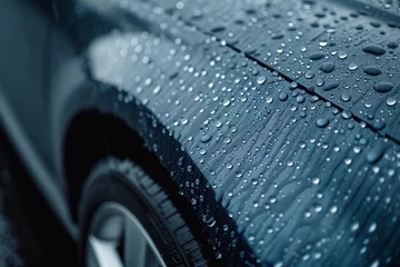 Schilderijen op glas Close up rain drop on surface of cars body in rainy area © Amer
