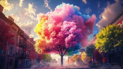 Obraz premium colorful Cotton Candy tree in the street, sunny, vibrant, photo real, surreal,