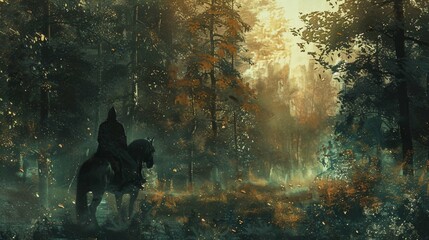 Create for me a background of a warrior knight riding a noble black horse of knights in the forest in the evening, tall and tall trees, the warrior in a fighting position, - obrazy, fototapety, plakaty