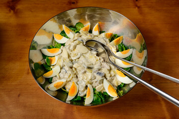 Fischsalat Fish Salad Austrian Style with Herring, Potatoes, Gherkins, Eggs and Field Salad