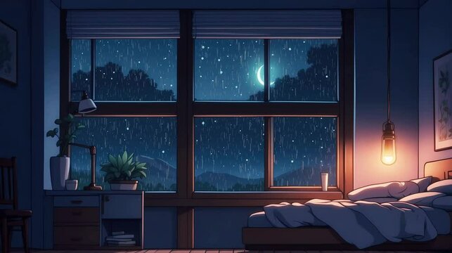 Tranquil Lofi bedroom with Rain Ambience for lofi Rain chill music loop video animation