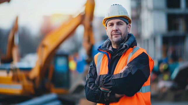 Construction worker with protective cap and reflective vest. Man equipped with work clothes and construction machinery in the background. Copy space.
