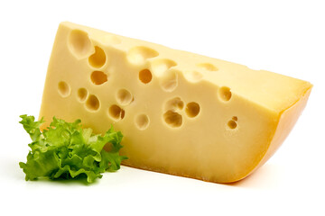 Traditional Maasdam cheese, isolated on white background. High resolution image.