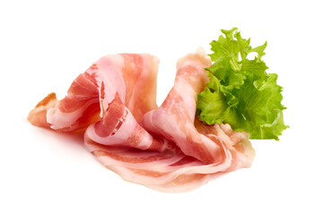 Italian pancetta piancetina. Sliced smoked bacon on plate isolated on white background.