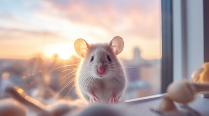Mouse or cute rat in a bright apartment. Live room on blurred background