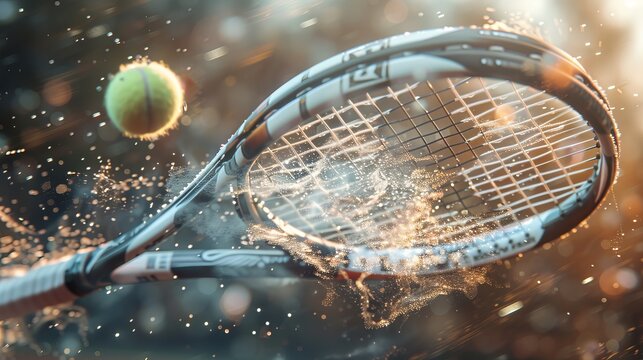 A highly dynamic and detailed scene capturing the exact moment a tennis racket makes contact with a tennis ball. Focus is on racket and ball