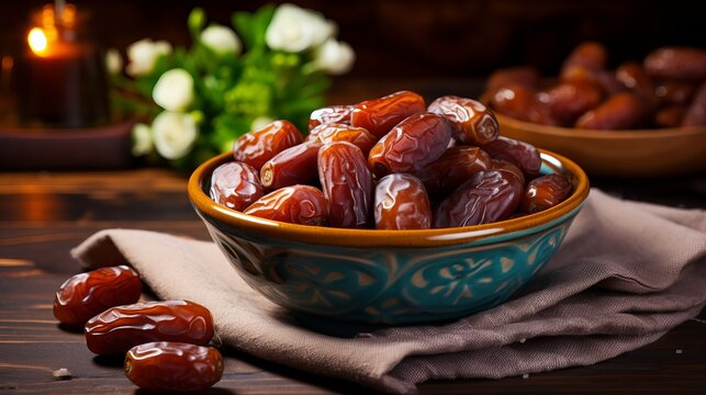 Beautiful bowl full of date fruits symbolizing Ramadan