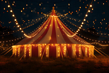 Stripes tent of circus evening with garland lights for show and childish entertainment. Circus canopy performance - obrazy, fototapety, plakaty