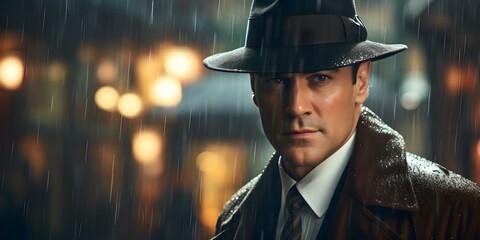 Mysterious detective in a city drenched by rain. Concept Mystery, Detective, Rain, Cityscape, Film Noir
