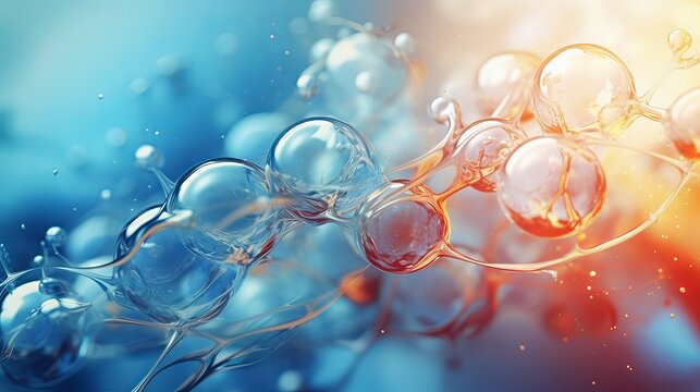 Biology, physics or chemistry abstract background. Scientific image of cell membrane. Macro up of liquid substances. Abstract molecule atom structure. Water bubbles. Macro shot of air or molecule