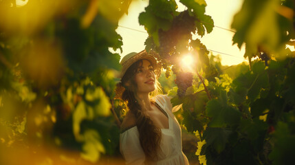 Italian vineyard worker carefully selecting the grapes - obrazy, fototapety, plakaty