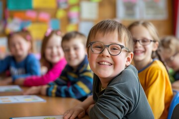 A diverse group of young children with Down syndrome sitting around a table in a classroom setting, engaging in activities and learning together.
