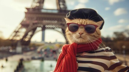 light beige long haired cat takes selfies while travelling in paris. He is wearing a breton striped top a black beret and red scarf, sunglasses, he is standing against a background of the eiffeltower - obrazy, fototapety, plakaty