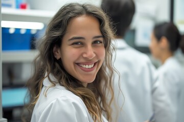 Fototapeta premium A happy Hispanic woman in a lab coat smiling directly at the camera in a laboratory setting.