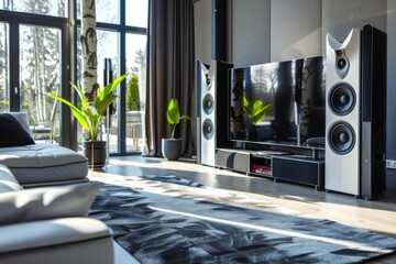 Stylish Modern Home Speakers - A pair of stylish modern speakers in a contemporary home setting, perfect for audiophiles and design enthusiasts. - obrazy, fototapety, plakaty