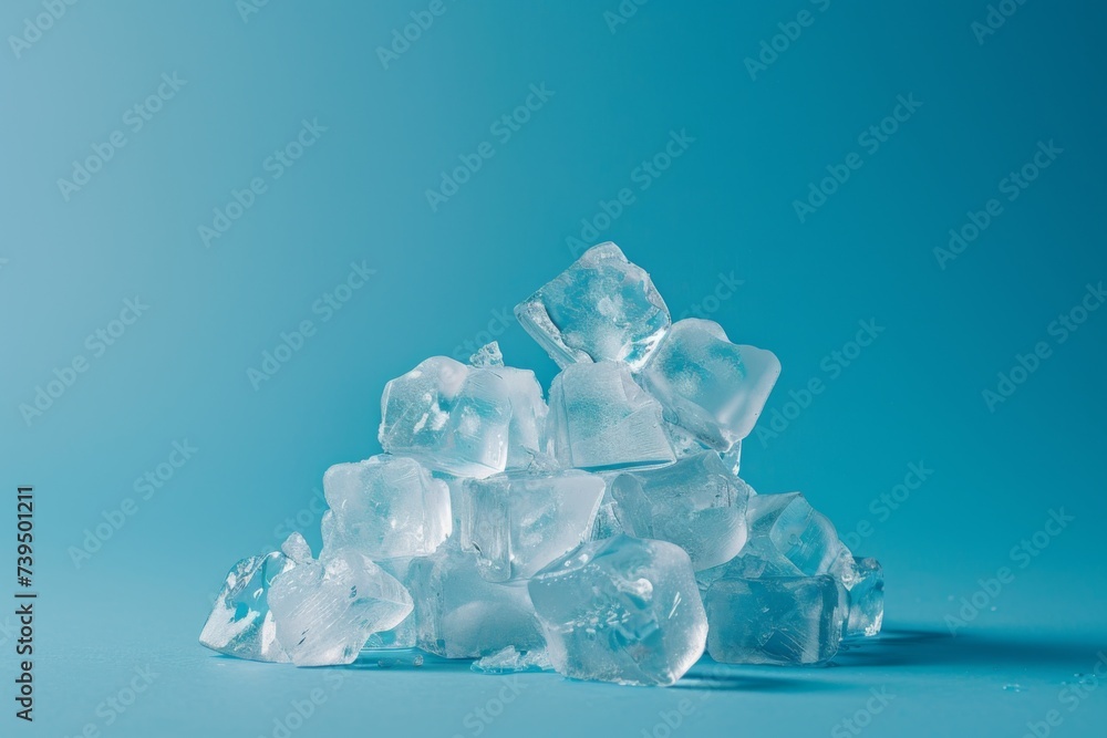 Poster stacked ice cubes crystal blue - high stack of ice cubes with transparency and reflections on a brig