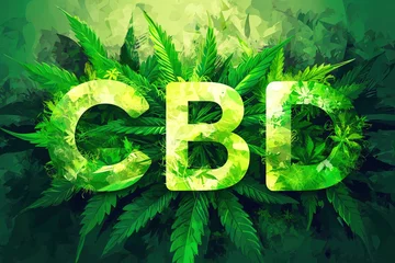 Fotobehang A stylized vector illustration showcasing the word CBD surrounded by vibrant marijuana leaves. © Joaquin Corbalan