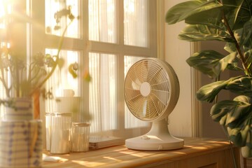 Warm Glow Tabletop Fan - Electric fan basking in the golden sunlight with houseplants in a serene home setting