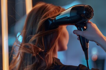 Stylish Hair Drying Technique - Woman using a modern hairdryer, showcasing a sleek design and the beauty of hair care routine - obrazy, fototapety, plakaty