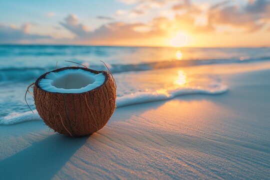 A coconut is pictured sitting on top of a sandy beach, set against a scenic tropical sunset.