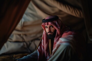 An adult Saudi man with a beard is sitting inside a tent, wearing a red and white headdress.