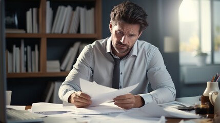 Business, people, paperwork and deadline concept - stressed businessman with papers and charts sitting at table in office