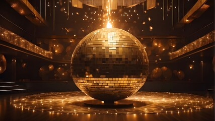 A flaming light show surrounds a golden disco ball, preparing the audience for an opulent evening of celebration.