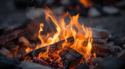 Campfire isolated on white background. Closeup of a pile of firewood burning with orange and yellow flames