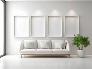 An empty white studio space with three poster frames standing on a spotless wall would provide a great backdrop for a mockup image design.