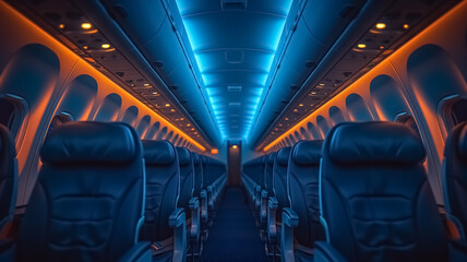Aircraft interior design, cabin materials, seats, lights of the cabin, empty cabin of plane - obrazy, fototapety, plakaty