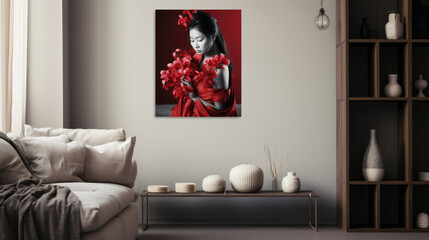 Space of living room with art woman in red kimono