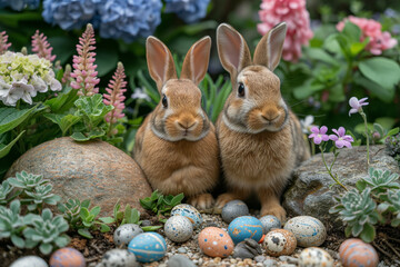 Fototapeta na wymiar An Easter Bunnies Surveys a Colorful Array of Blooming Wondersб In the Heart of Spring