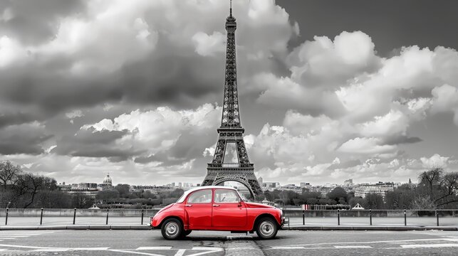 composed artistic image featuring the iconic Eiffel Tower in Paris, France, with a charming red retro car
