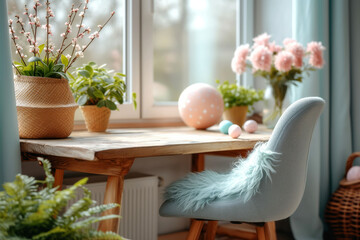 Window of a spacious room with flowers and colored Easter eggs on a sunny day