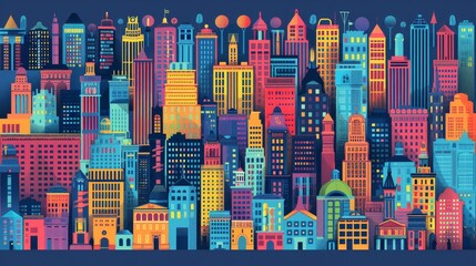 flat-style vector set of city buildings, showcasing a range of colorful