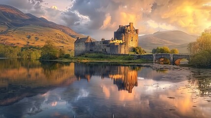 Kilchurn Castle in Scotland, bathed in the warm hues of sunset - obrazy, fototapety, plakaty