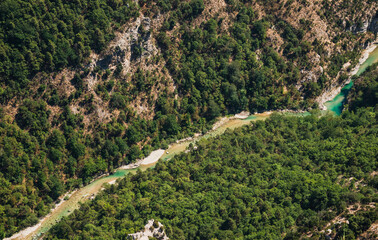 The Verdon Gorge canyon and Sainte Croix du Verdon in the Verdon Natural Regional Park, France. Panoramic view at sunny day.