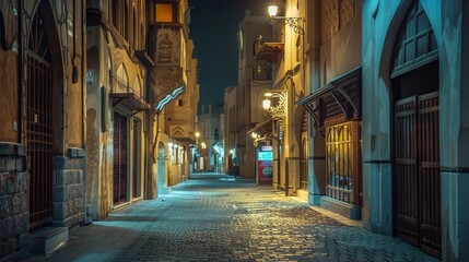 night scene of the streets in an old Arab city, illuminated by the warm glow of lanterns and steeped in historical charm
