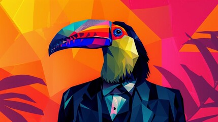 vector graphic of a toucan in a suit, golden hour, glowing glitch, flickering light,